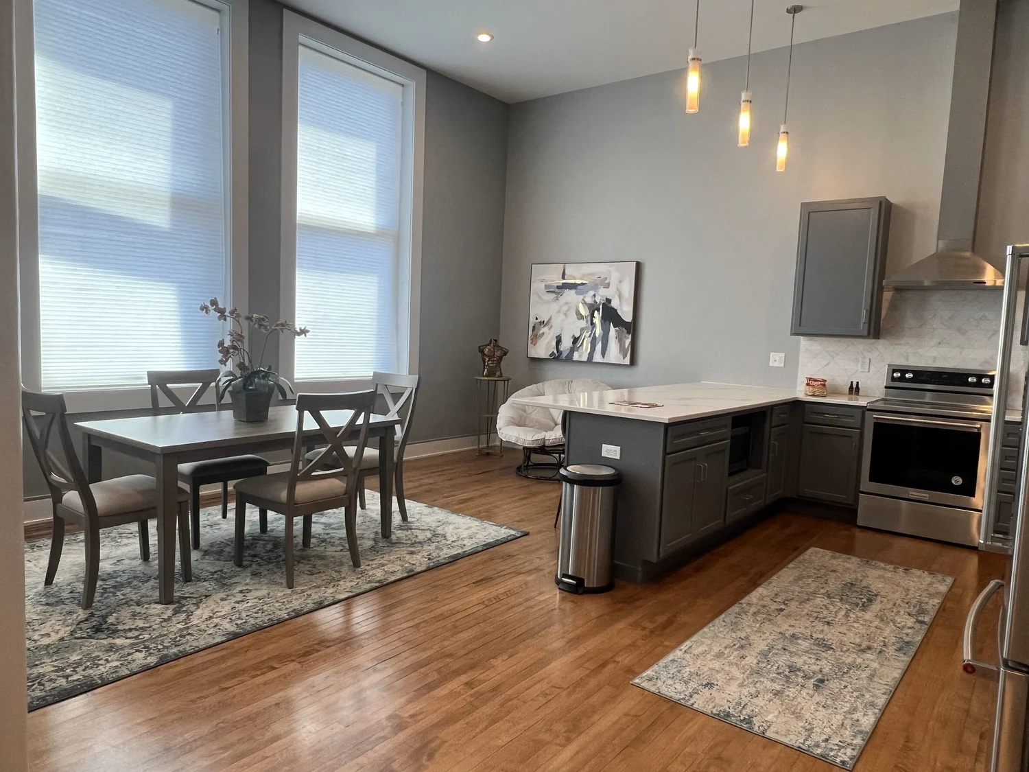 Furnished kitchen and dining area